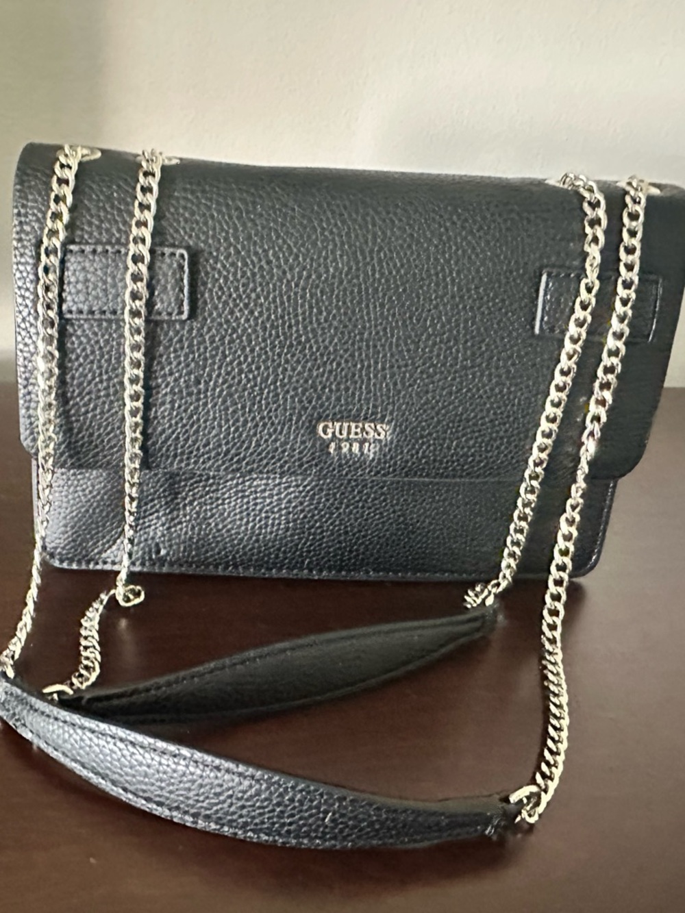 NWT GUESS Black Pebbled Leather Crossbody with Silver Chain